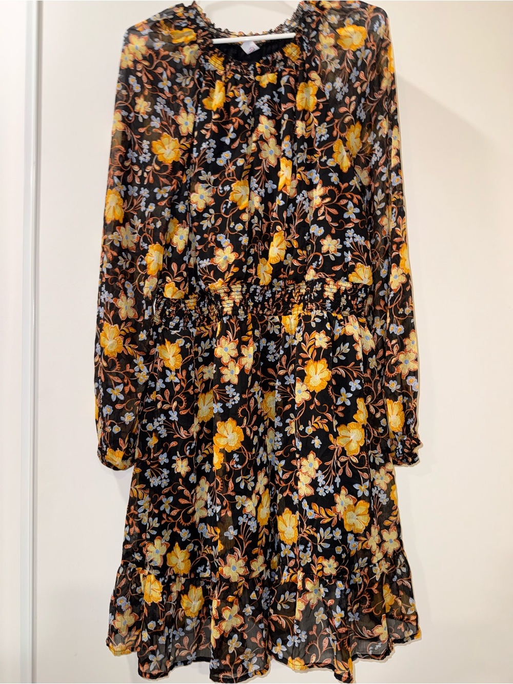 Old Navy Black Floral Long Sleeve Tiered Dress with Yellow Flowers